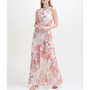 Eliza J Floral Maxi Dress Fit & Flare Halter Pink Printed Chiffon Formal Size 12